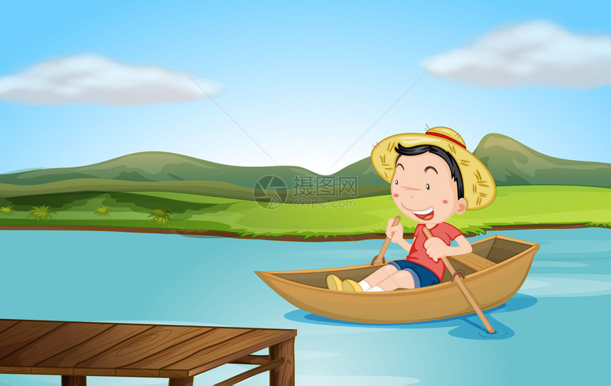 一个男孩在湖上划船的插图图片