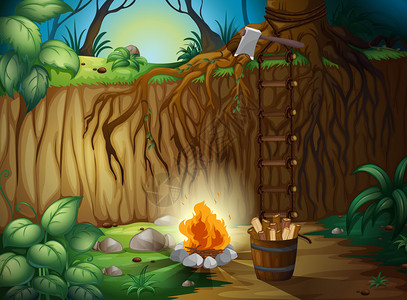 丛林中篝火的插图图片