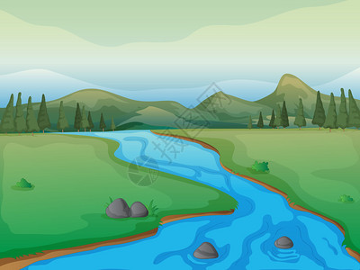 河流森林和山脉的插图图片