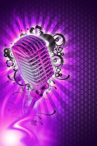燃尽小指卡拉OK设计卡拉音乐主题凉爽的粉红紫罗兰色背景与光线火焰和花卉装饰品和酷银色复古风格的麦克插画
