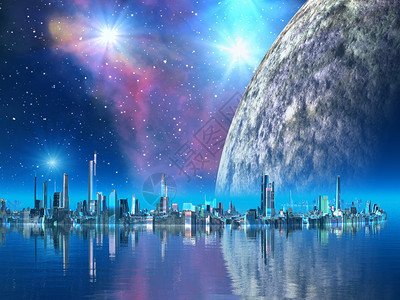 金刚萨埵在外星世界的宁静海中建造的完美未来的城市环绕着一颗巨大的月球周围是金刚插画