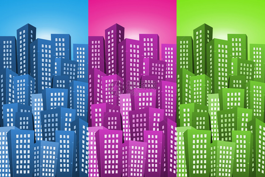 一组蓝色粉色和绿色的漫画高度城市风景背插图片