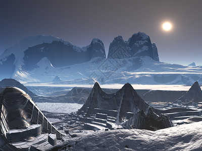 一座远古异国城市位于冰雪覆盖的山谷中在图片