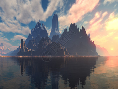 阳光照亮神秘岛的岩石海岸线它笼罩在古老被遗忘的外星人世界的黑海中图片