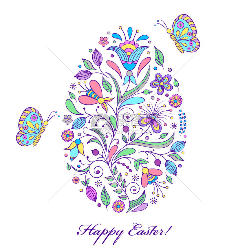 白色背景上花卉复活节彩蛋的矢量插图图片