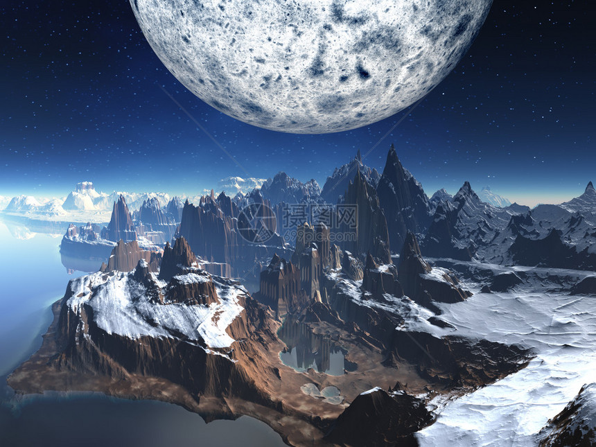 年龄外星人蓝色寒冷宇宙数字奇幻小说冰冻的地平线冰插图月球月亮山轨道行星岩石科学科幻闪耀雪空间星寺庙谷白色图片