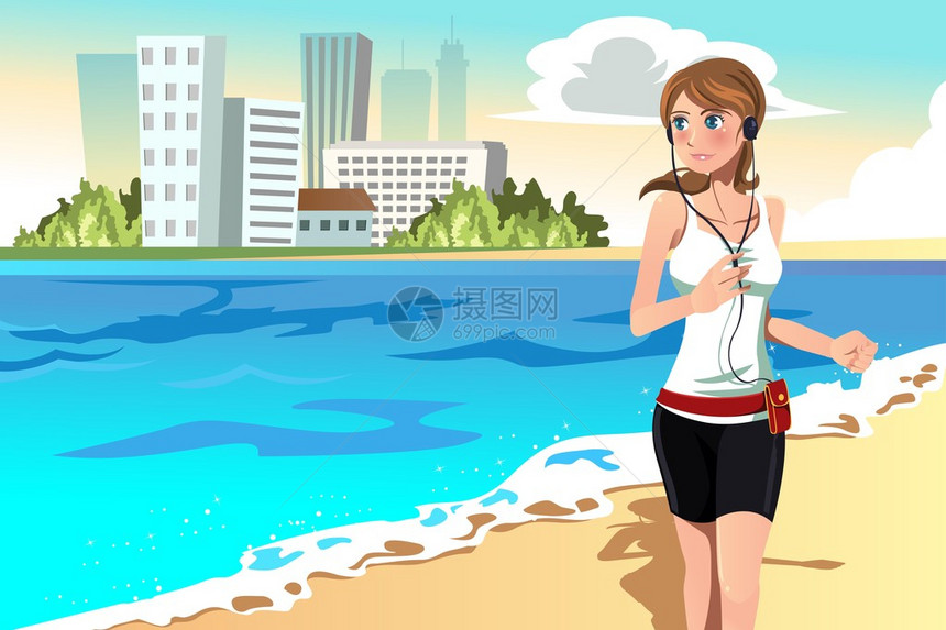 一位女在海滩上奔图片