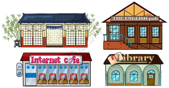 锡罗普说明亚洲建筑英语普布互联网咖啡厅和白色背景图书馆插画