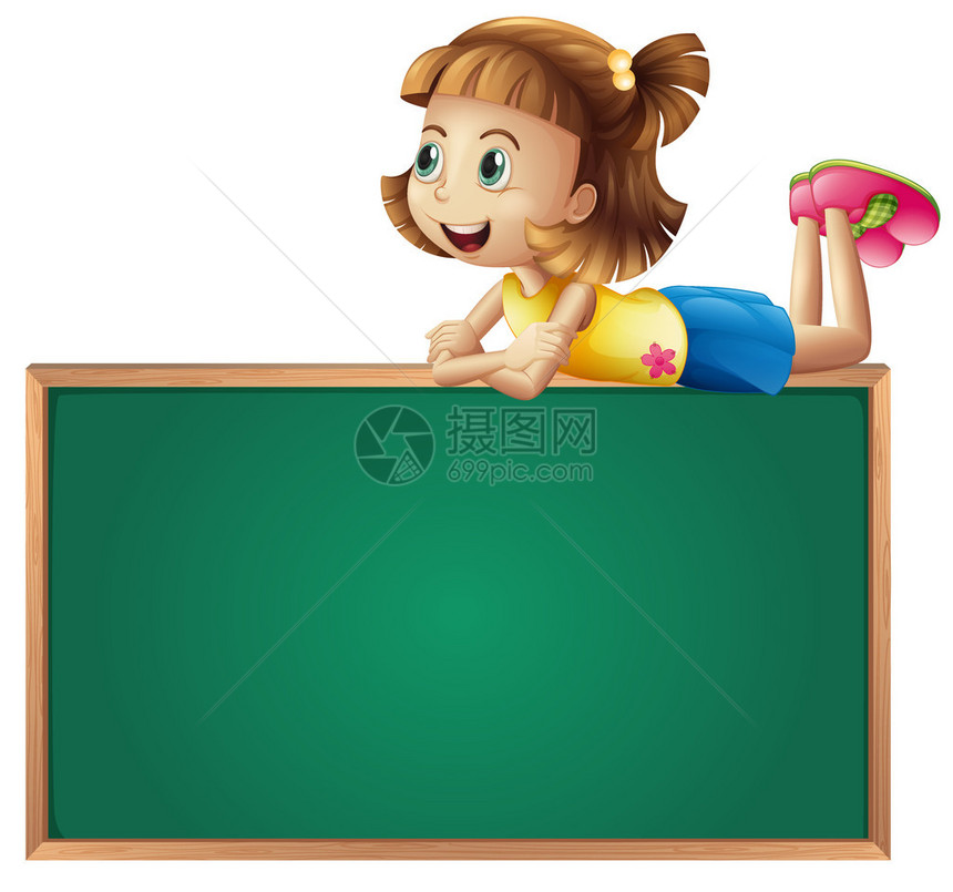 说明一个年轻女孩坐在黑板顶上白色背图片
