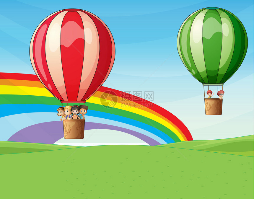 两个气球与孩子一起飞行的插图图片