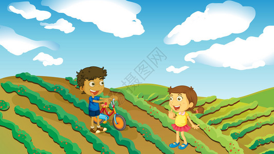 有两个小孩骑自行车在农图片