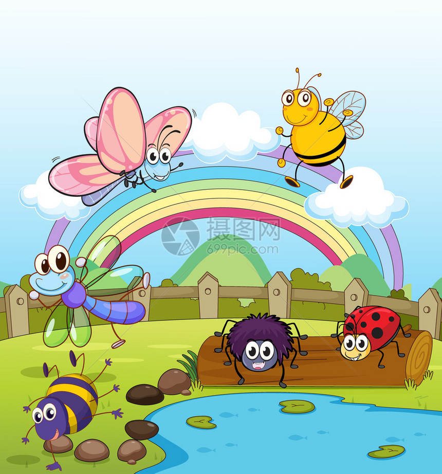 五颜六色的昆虫和彩虹的插图图片
