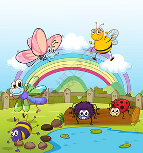 五颜六色的昆虫和彩虹的插图图片