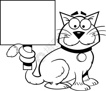 一只猫举着牌子的黑白插图图片