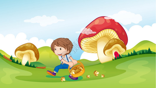 一个孩子拿着一篮子蘑菇的插图图片