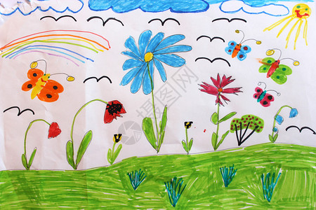 布德瓦五彩缤纷的儿童画与蝴蝶和花朵插画