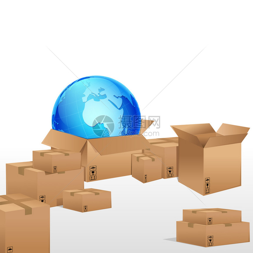 用于货物的纸板箱中的地球仪插图图片