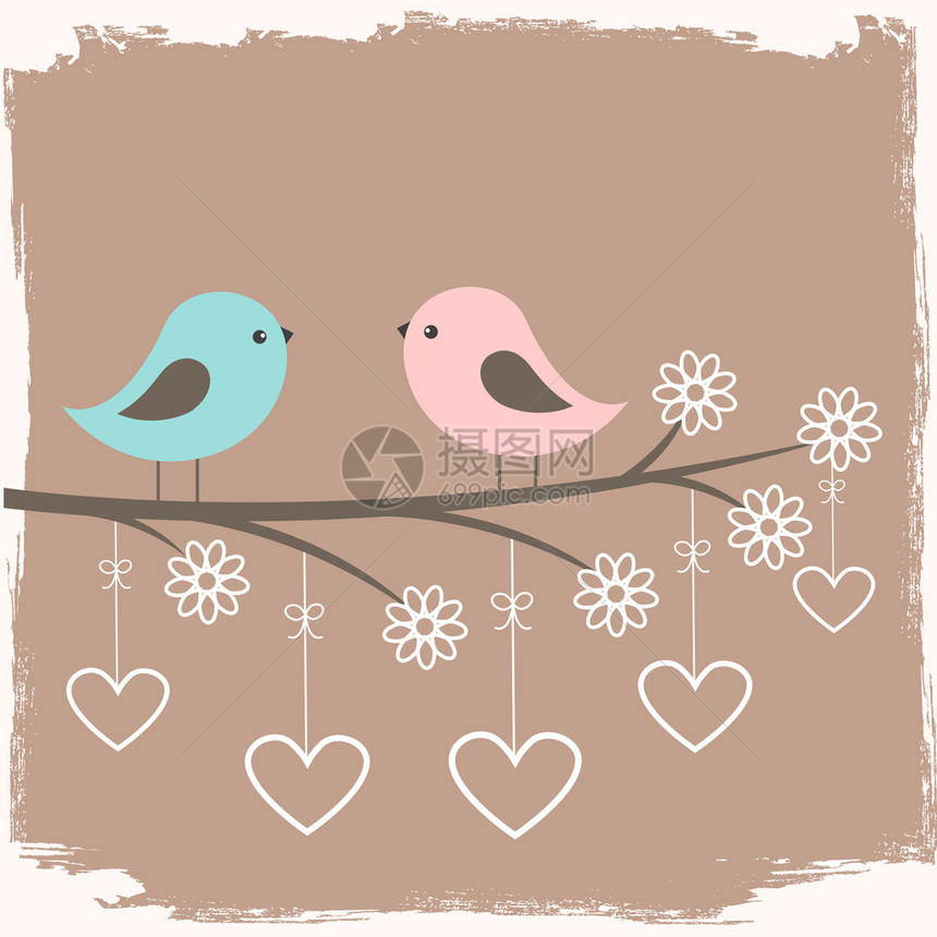 一对可爱的小鸟复古风格的情人节卡片图片