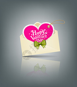 信封粉红色的心和绿丝带情人节矢量图图片