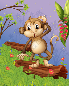 一只猴子在花园里玩耍的插图图片