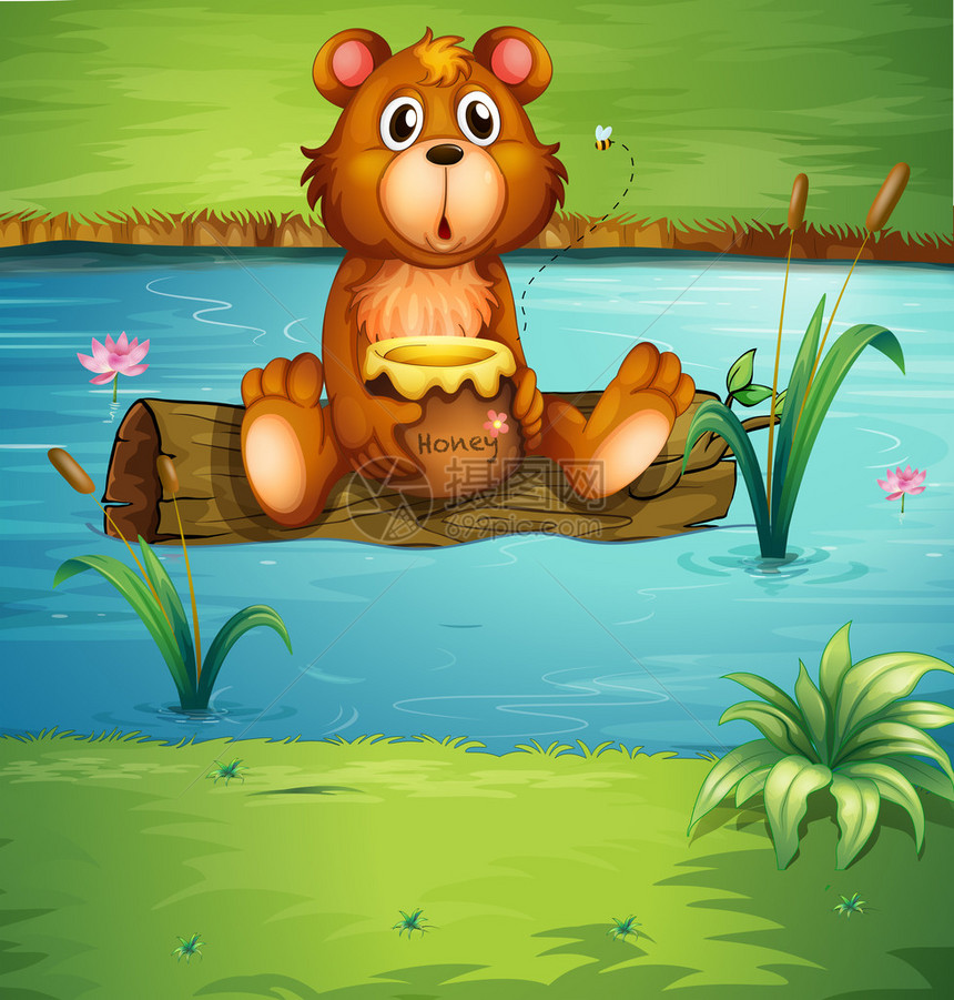一只熊坐在河里干木头上的插图图片