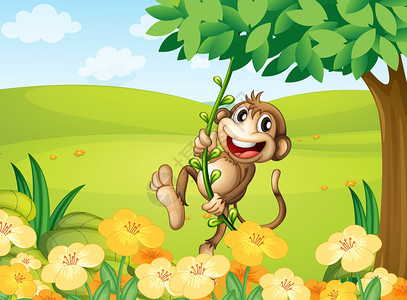 一只猴子玩藤蔓植物的插图图片