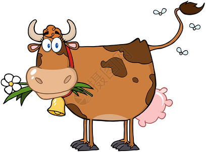 棕色奶牛与嘴里的花卡通人物图片