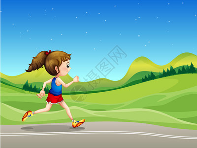 一个女孩在山附近的街道上奔跑的插图图片