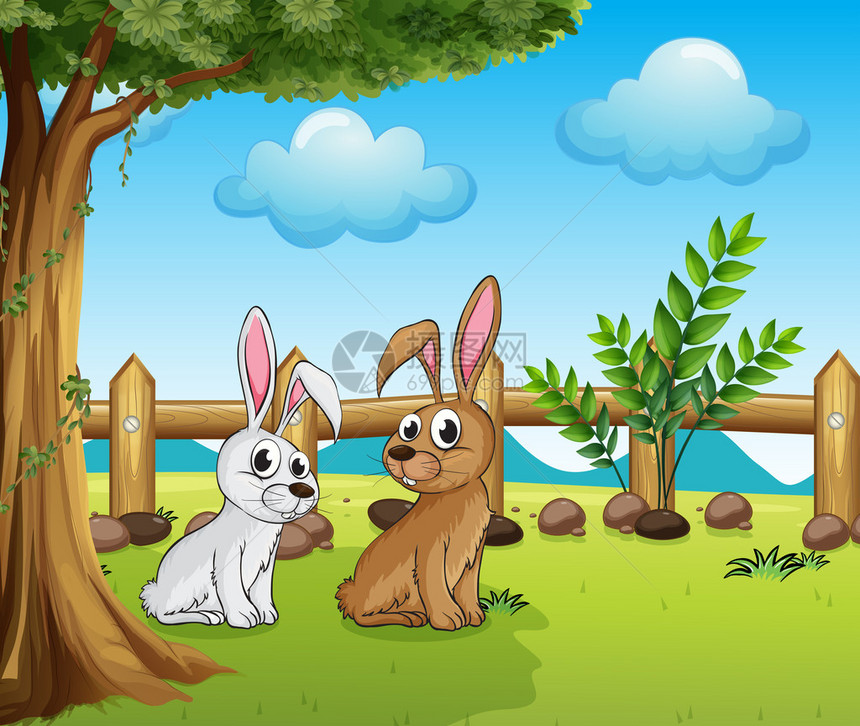 栅栏内两只兔子的插图图片