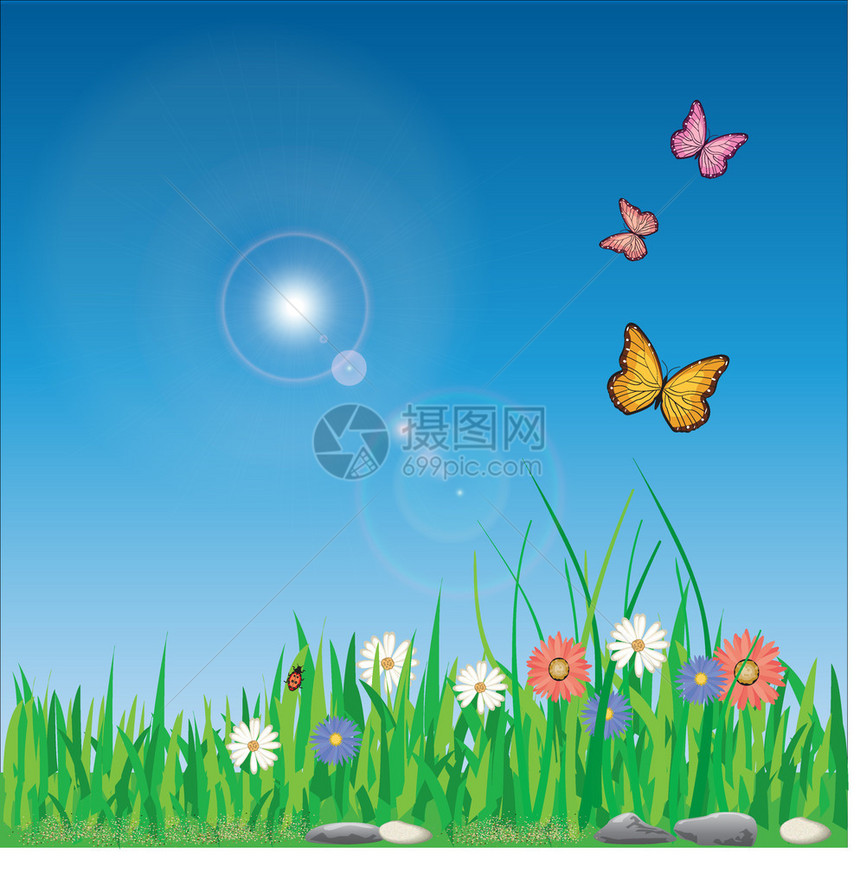 春天的矢量插画与五颜六色的花朵图片