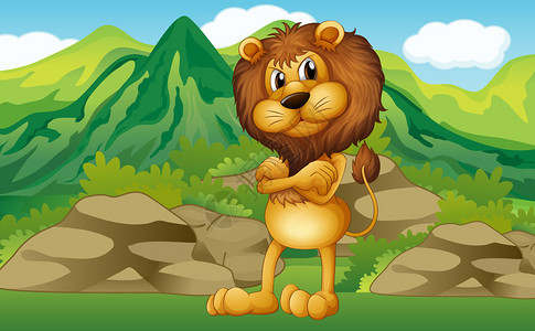 一头狮子背着山景的插图图片