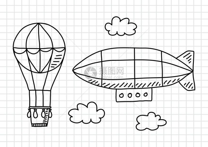 方格纸上的热气球和飞艇图片
