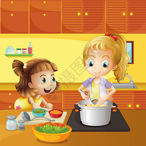 母亲和女儿一起做饭的插图图片