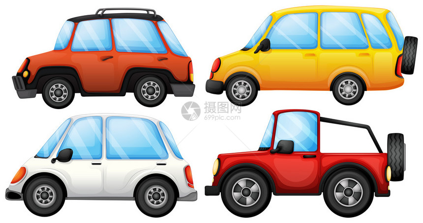 说明四辆白色背景上风格不同的汽车的插图以白图片