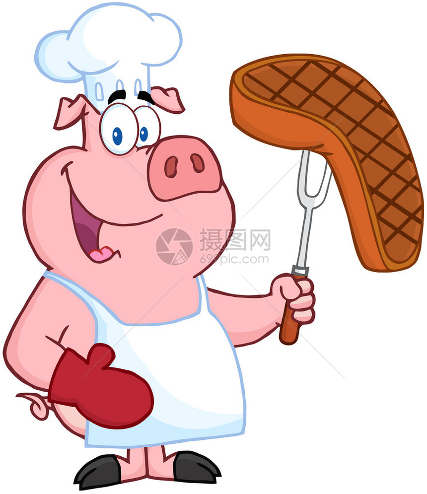 猪厨师拿着叉子和烤牛排图片