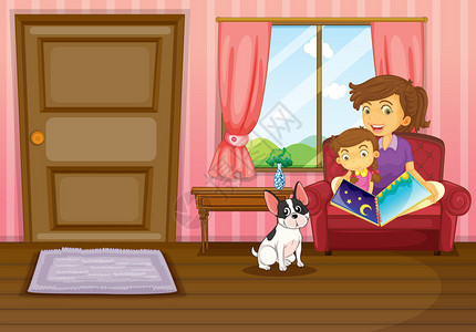 说明一母亲和一女孩在家里用狗在书图片