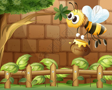 一只蜜蜂在栅栏内拿着蜂蜜的插图图片