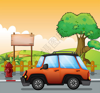 沿街的橙色汽车的插图带有木制招牌图片