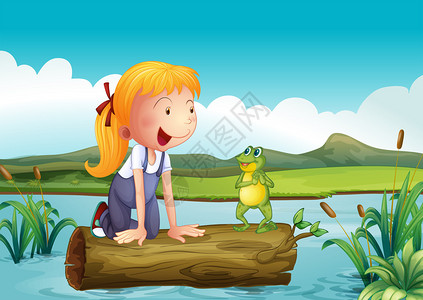 一个女孩在河里抱着一只青蛙的插图图片