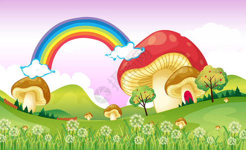 彩虹附近的蘑菇插图图片