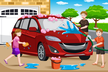 快乐的孩子帮助父亲洗车的矢量插图请查看InfoFlickru图片