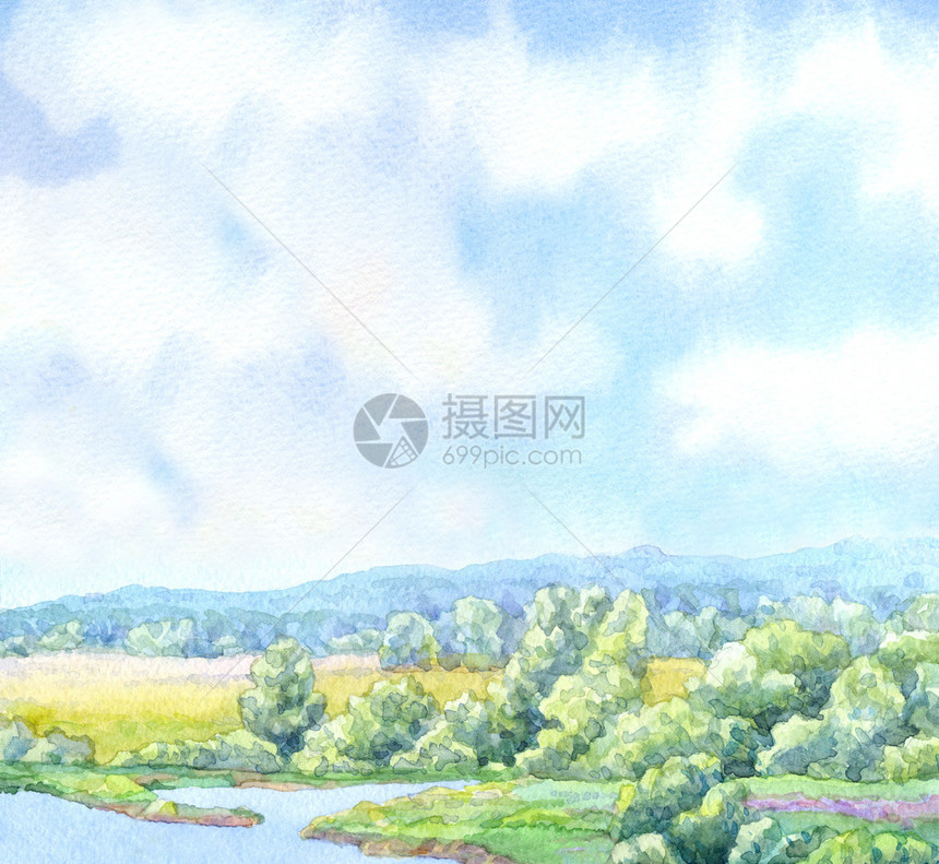 水彩风景背清凉的青绿山谷里河图片