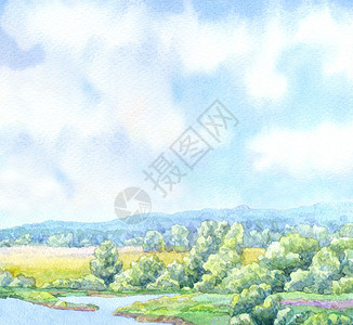 水彩风景背清凉的青绿山谷里河图片
