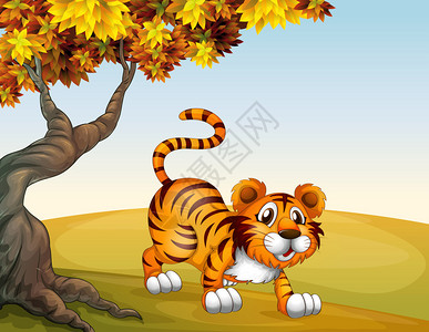 老虎在大树附近跳跃姿势的插图图片