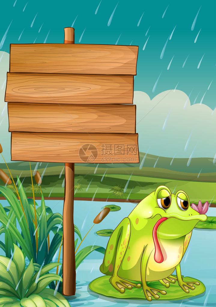 一个空的招牌和雨下的青蛙的插图图片