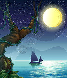 三亚游艇出海说明在半夜出海的船插画