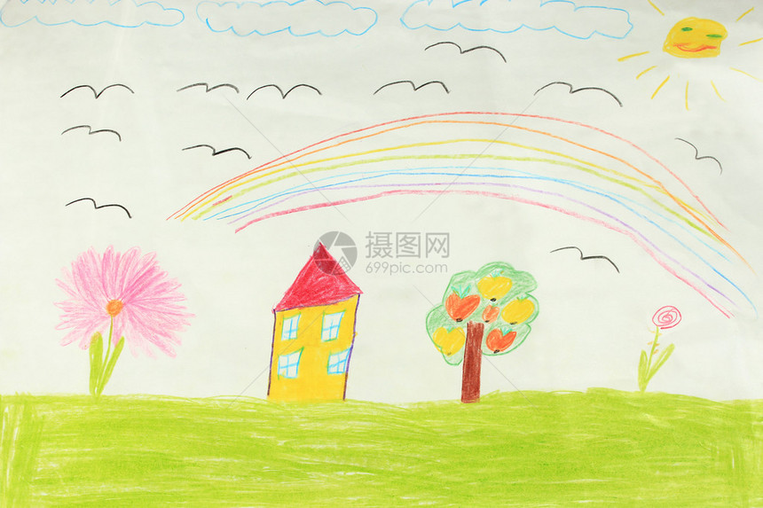 多彩姿的儿童画与房子和鲜花图片