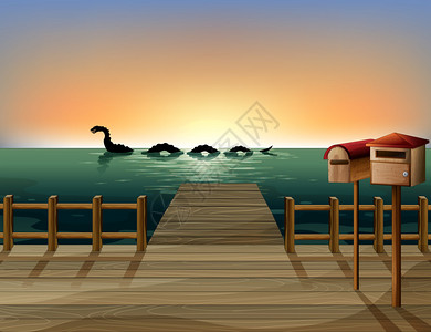 港口日落的插图有两个木制邮箱图片