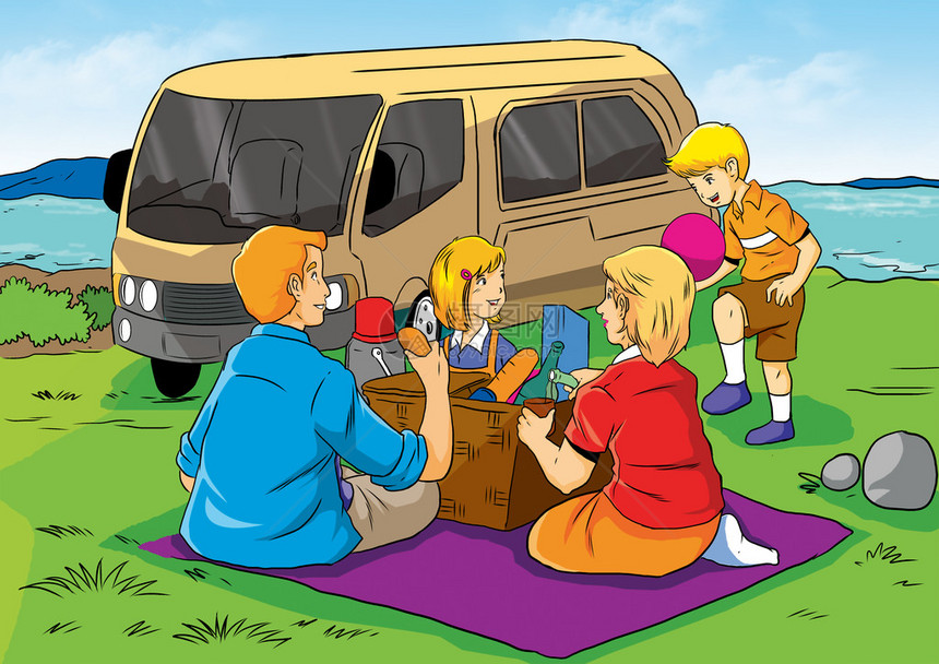一家人野餐的插图图片