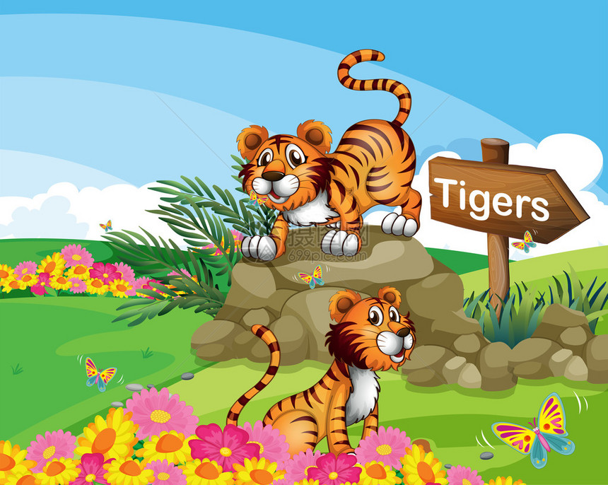 招牌旁边两只老虎的插图图片